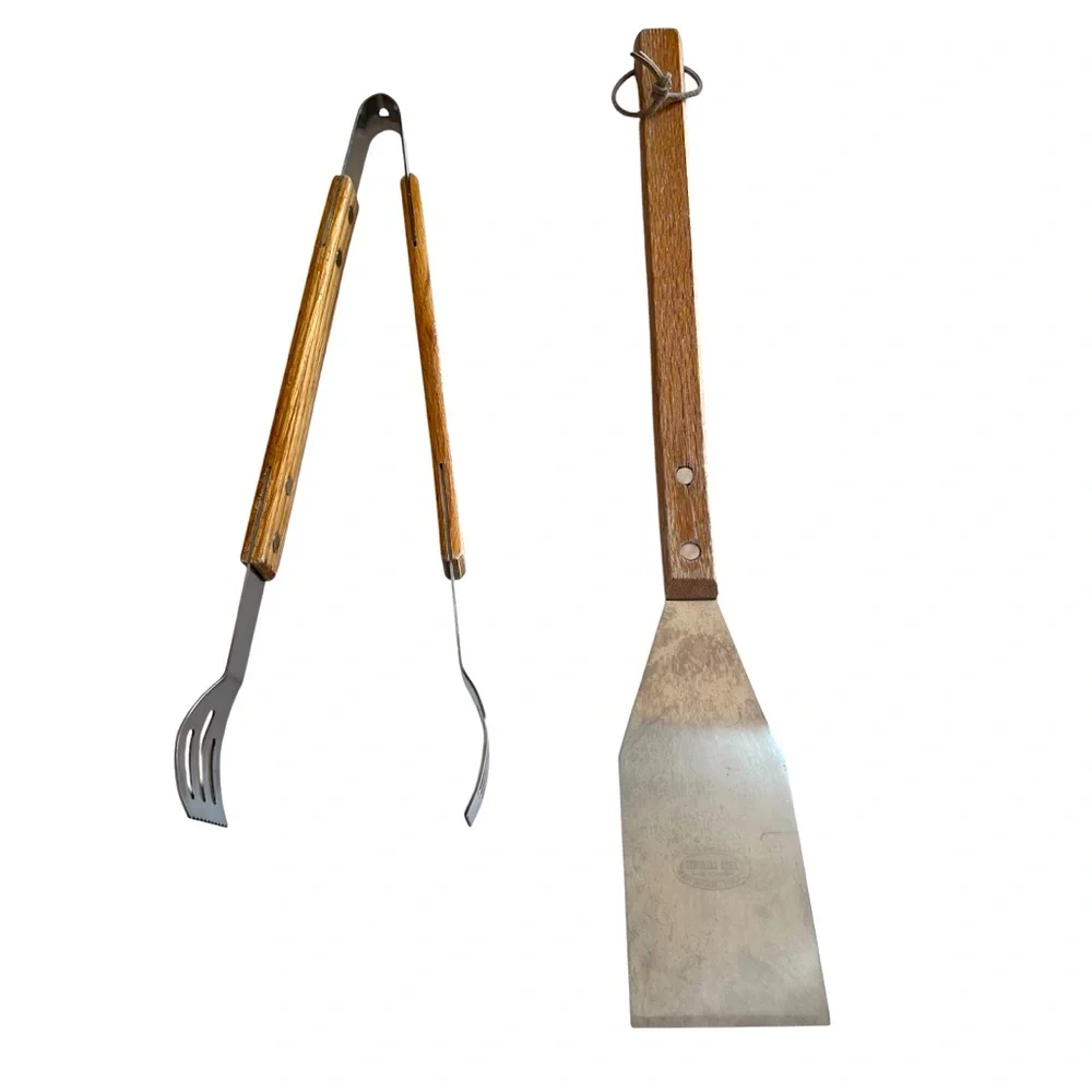 Weathered Professional Stainless Steel BBQ Spatula and Tongs with Wooden Handles